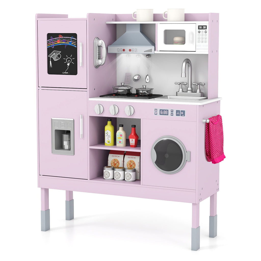Pretend Play Kitchen Toy Kitchen Playset with Range Hood Ice Maker and Telephone