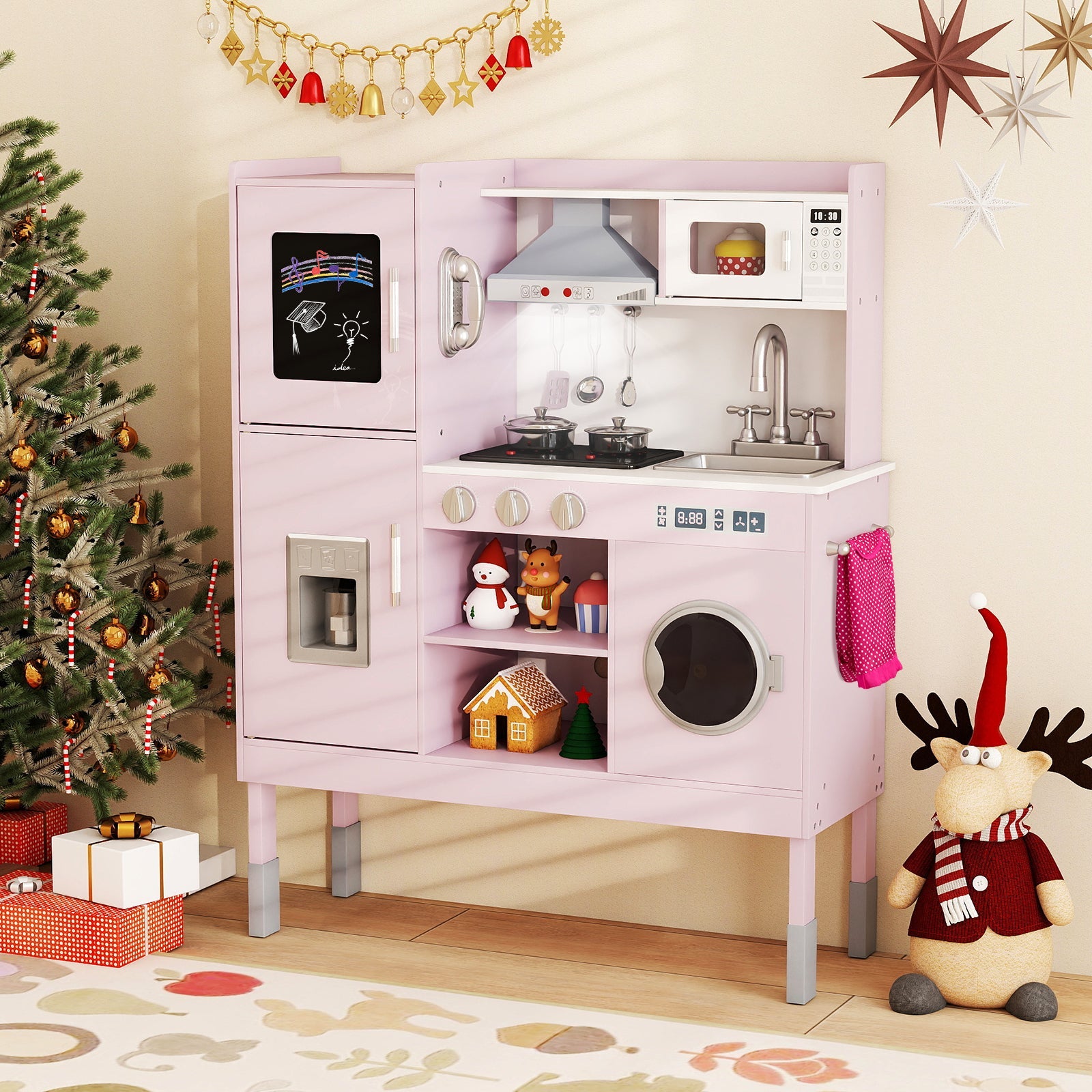 Pretend Play Kitchen Toy Kitchen Playset with Range Hood Ice Maker and Telephone