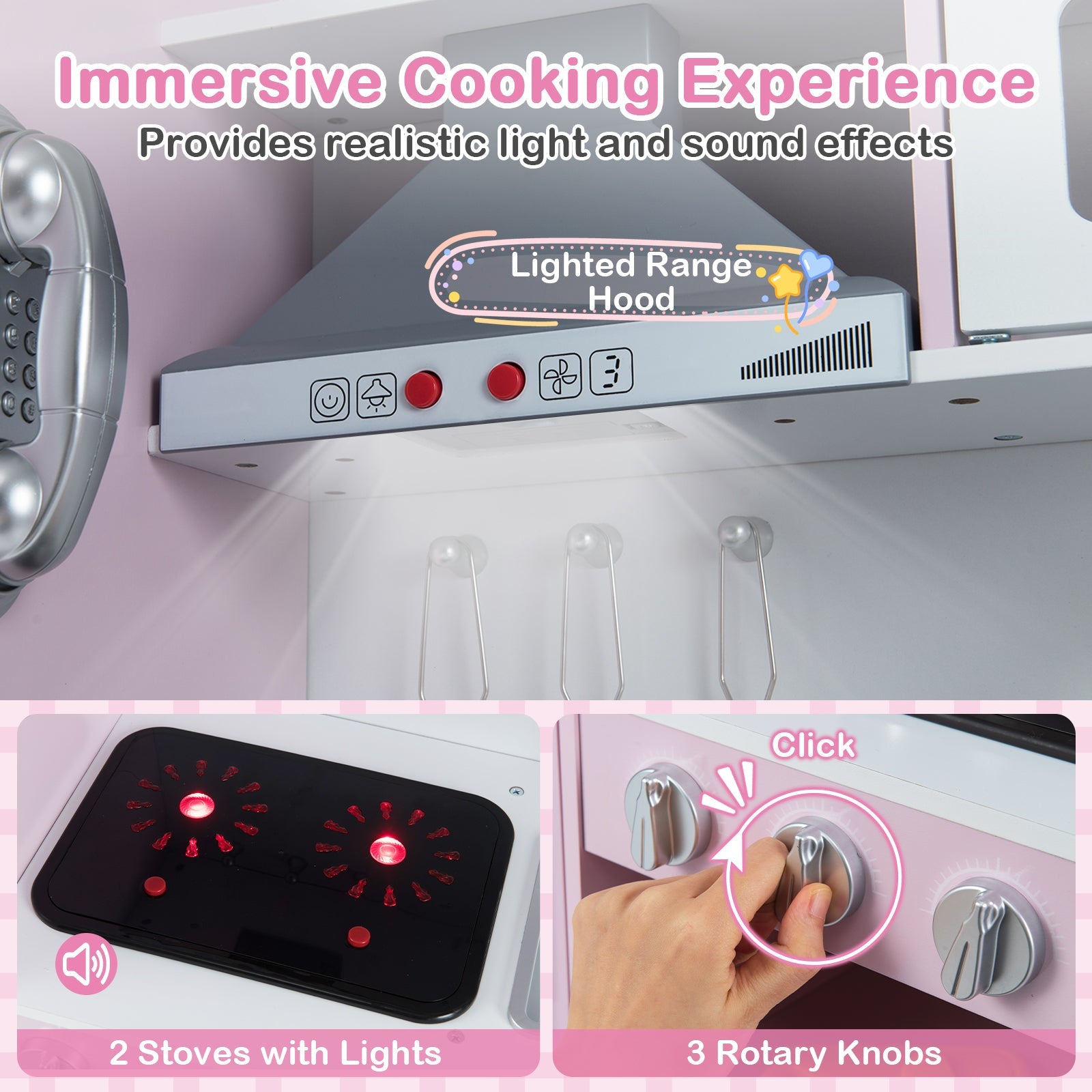 Pretend Play Kitchen Toy Kitchen Playset with Range Hood Ice Maker and Telephone