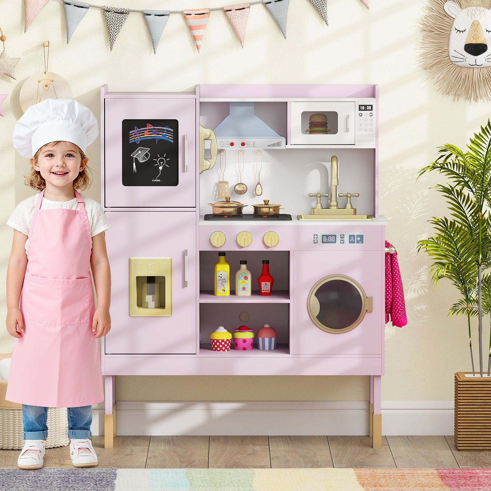 Pretend Play Kitchen Toy Kitchen Playset with Range Hood Ice Maker and Telephone