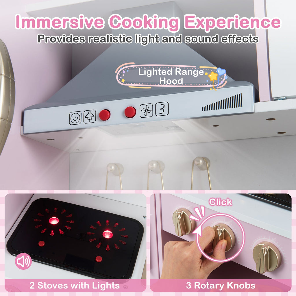 Pretend Play Kitchen Toy Kitchen Playset with Range Hood Ice Maker and Telephone