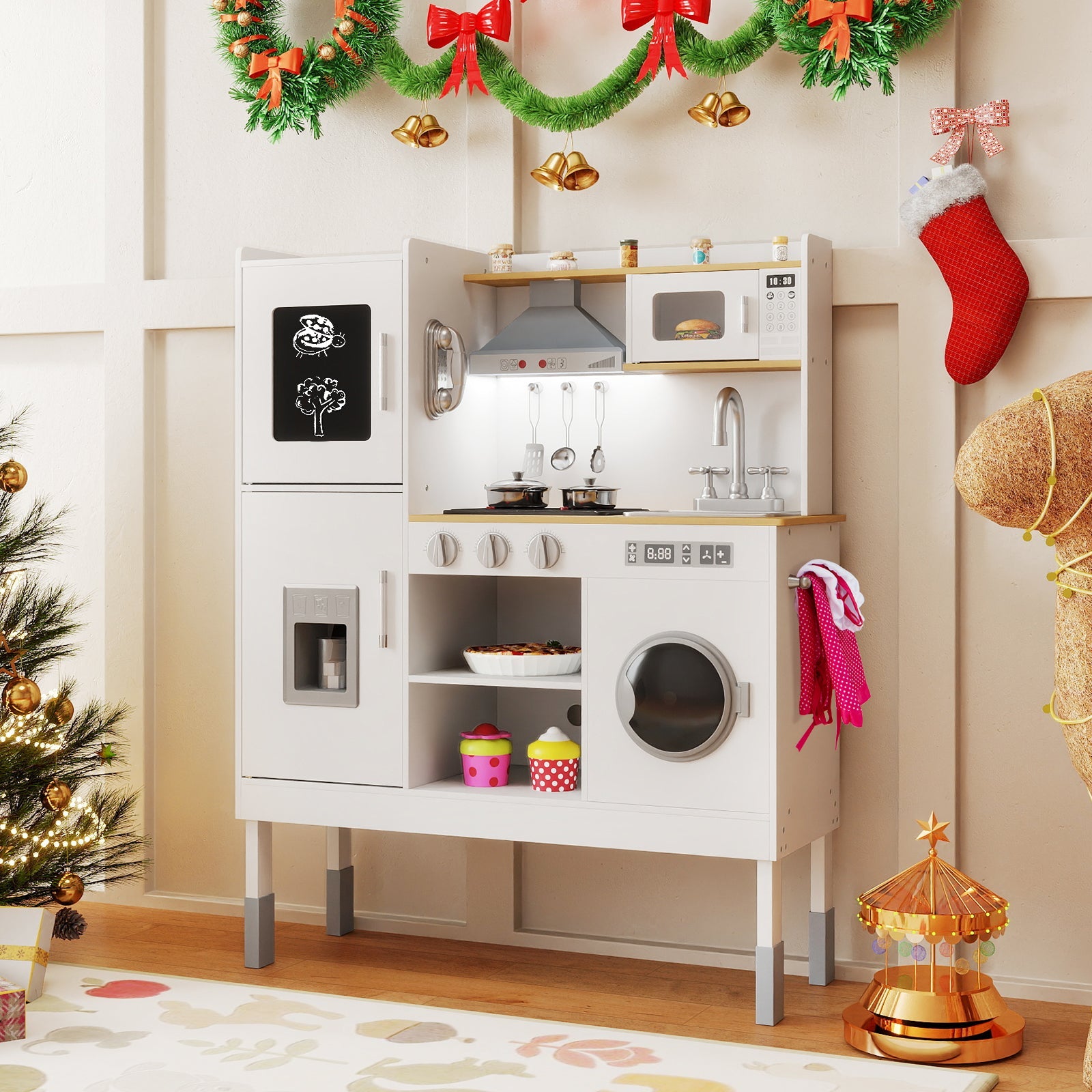 Pretend Play Kitchen Toy Kitchen Playset with Range Hood Ice Maker and Telephone