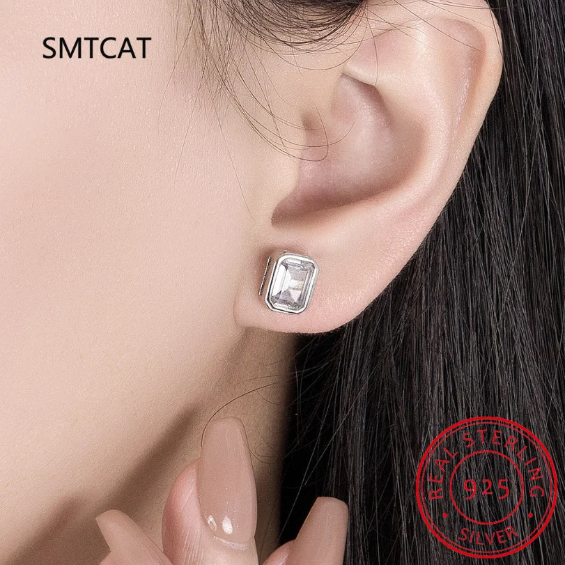 925 Sterling Silver Emerald Cut High Carbon Diamond Stud Earrings | Elegant Wedding Party Jewelry for Women