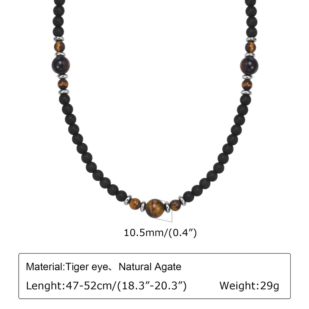 Casual Black Brown Beaded Necklace for Men | Summer Beach Tiger Eye Stone Jewelry