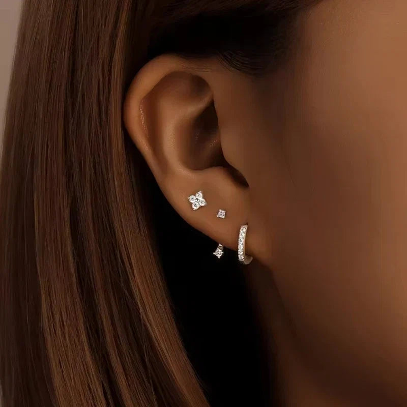 3Pcs Double Crystal Tragus Earring Floral Set | Cartilage Helix Stud Earrings Bulk Lobe Hoop Earring Lot Women Fashion Jewelry Gift