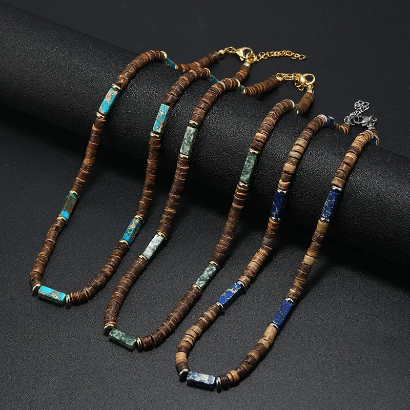 Vintage Boho Natural Stone Necklace for Couples | Brown Coconut Shell Bead Choker