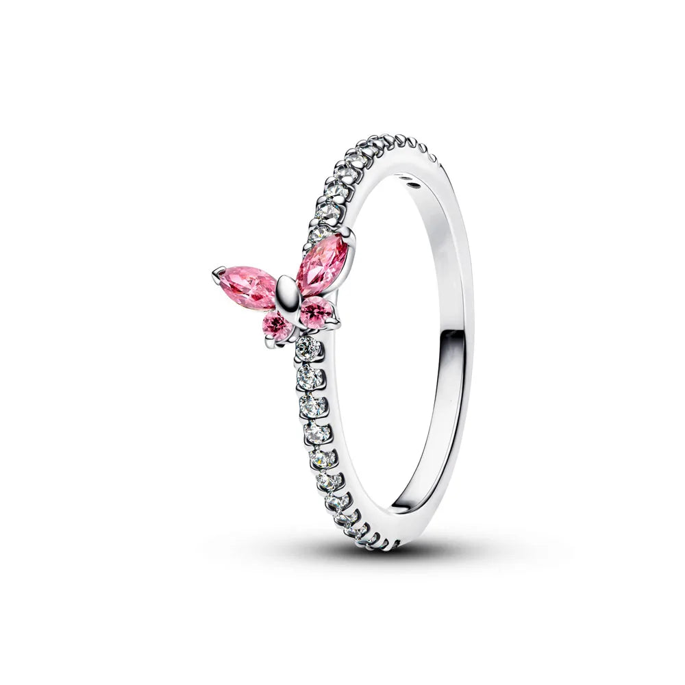925 Sterling Silver Heart-Shaped Butterfly Flower Ring | Exquisite Charm Jewelry for Her