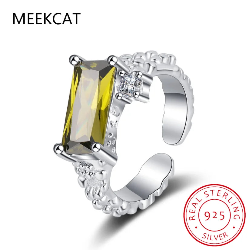 Emerald Cut Green Peridot Ring | 925 Sterling Silver Adjustable Statement Jewelry
