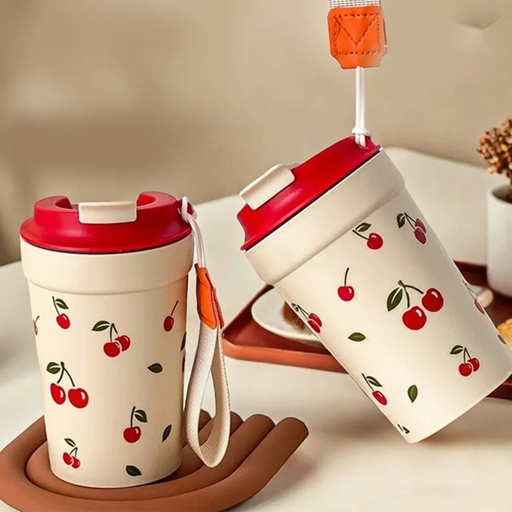 350/400ml Plastic Coffee Mug with Cherry Pattern | Travel Portable Water Bottle Tumbler