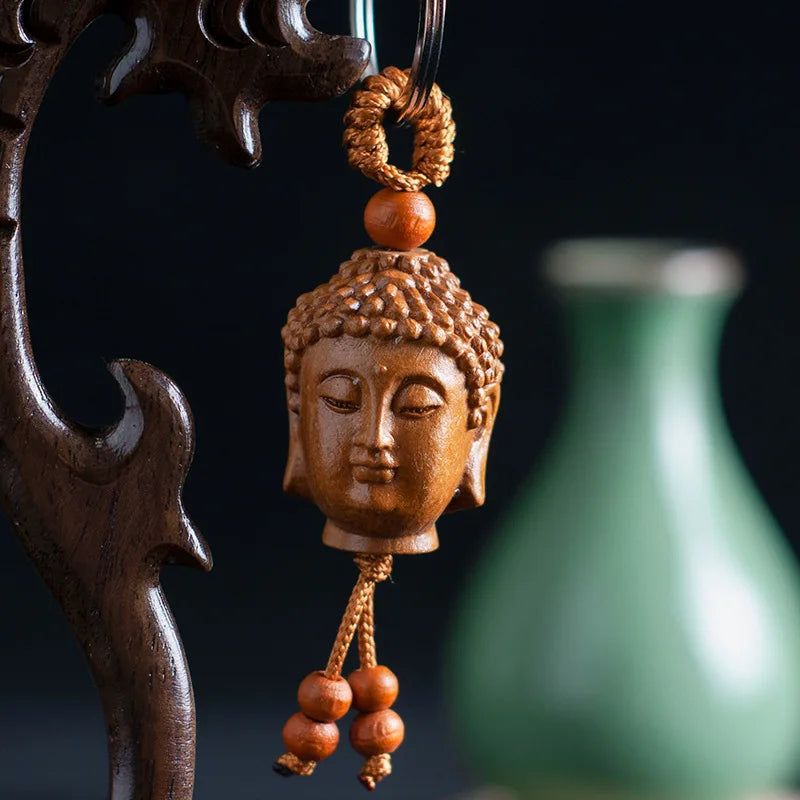 Buddha Head Carved Wood Keychain | Peach Wood Key Ring