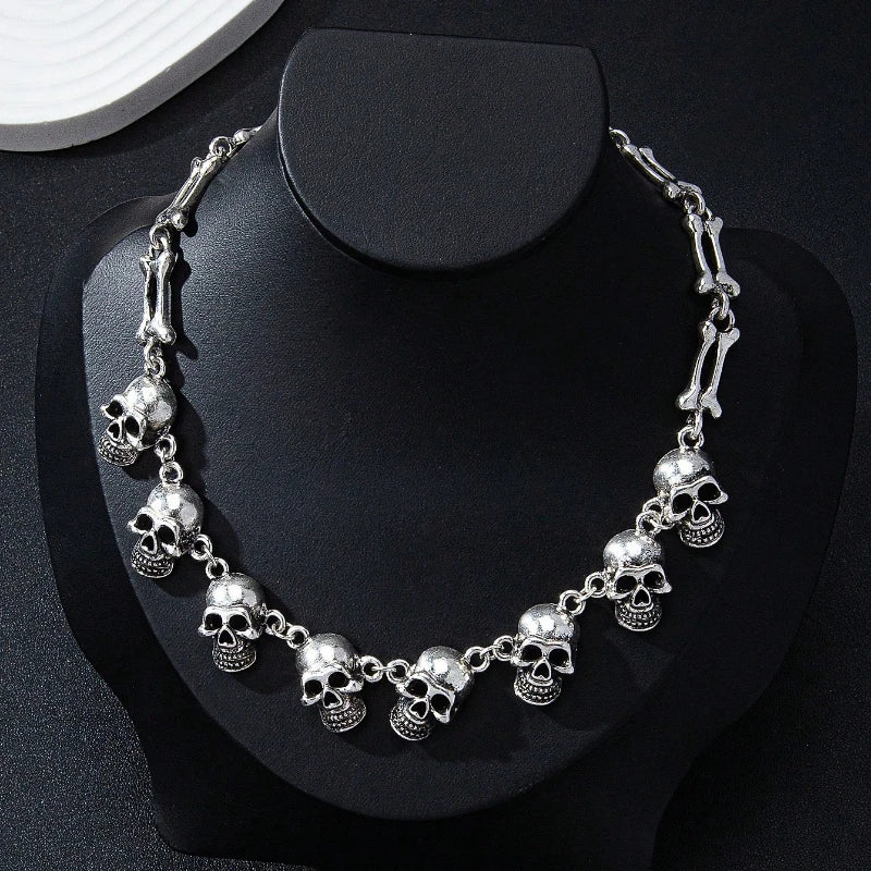 Gothic Skull Choker Necklace | Multiple Skull Connected Gothic Jewelry for Women