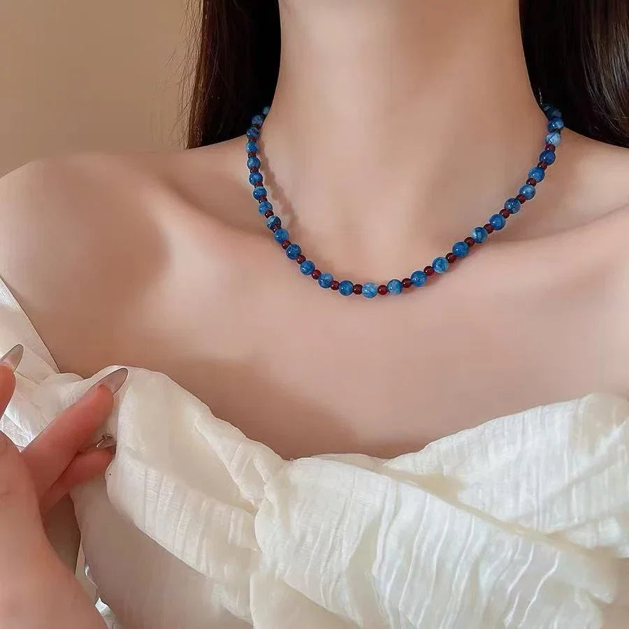 Blue Agate Stone Short Necklace | 2025 Trendy Collarbone Jewelry for Women