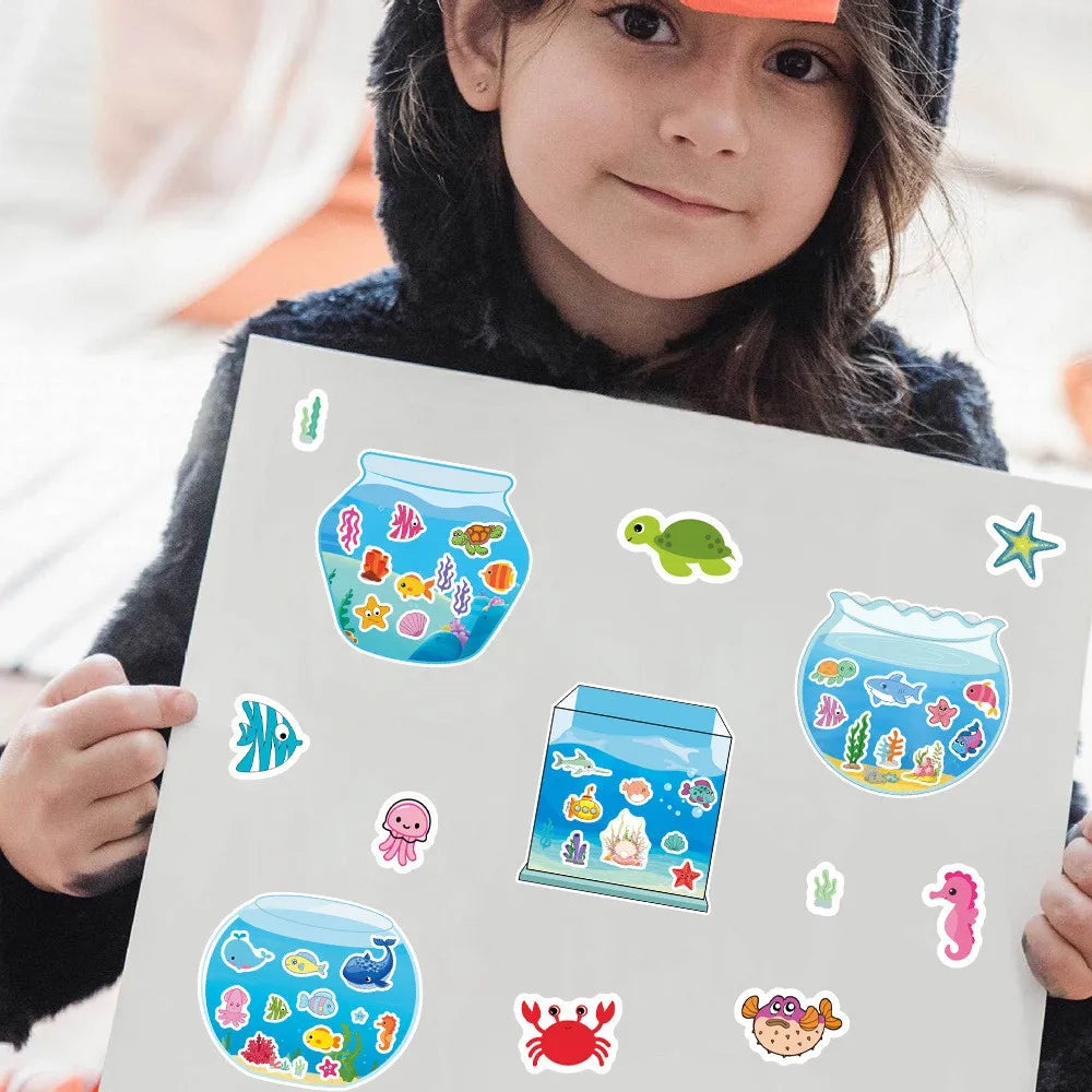 8 Pieces Kids Fish Tank Sticker Puzzles | Cartoon Marine Animal Decals
