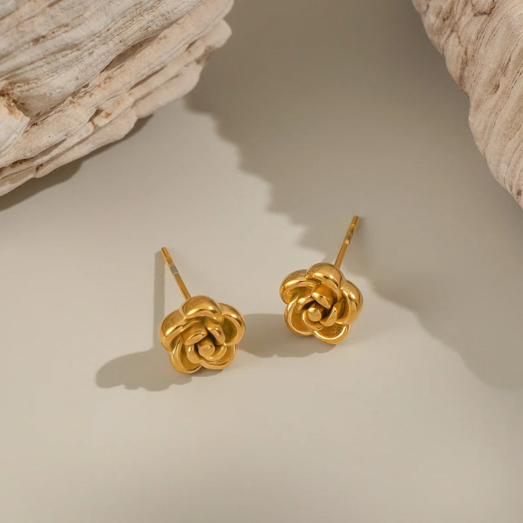 Rose Flower Stud Earrings | 18K Gold Plated Stainless Steel Daily Jewelry for Women