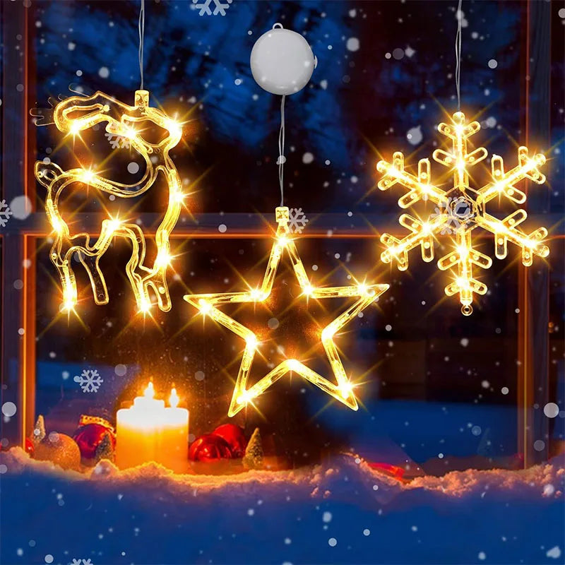 Christmas Window Decor LED Lights | Snowflake Tree Star Deer Sucker Lights for Xmas