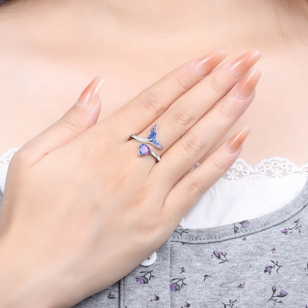 925 Sterling Silver Open Ring Adjustable Mermaid Heart Zircon Ring | Women's Fine Jewelry