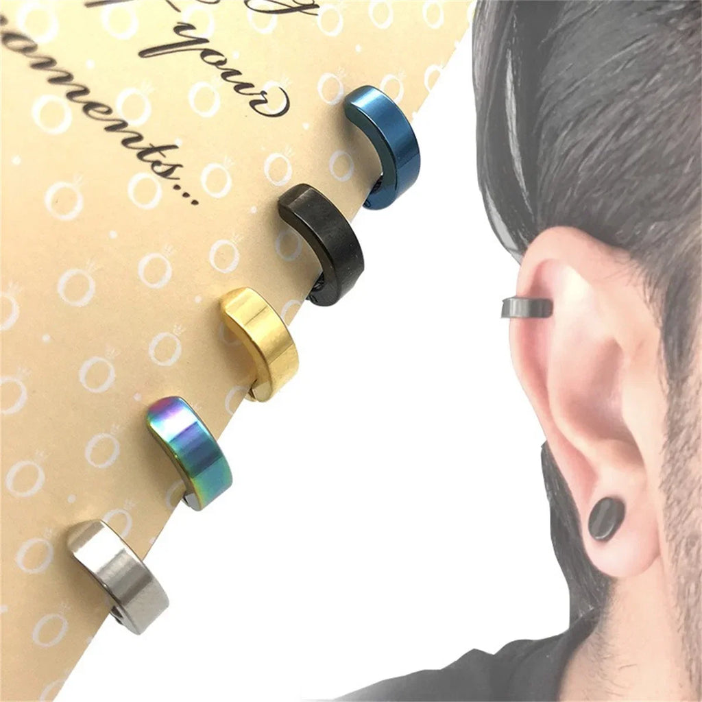 Stainless Steel Cuff Earrings for Men | Non Piercing Clip On Hoop Set