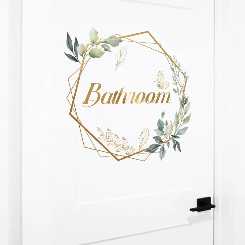 Green Plant Toilet Door Sticker Golden Letter Removable Self-adhesive Waterproof PVC Bathroom Decoration Decal