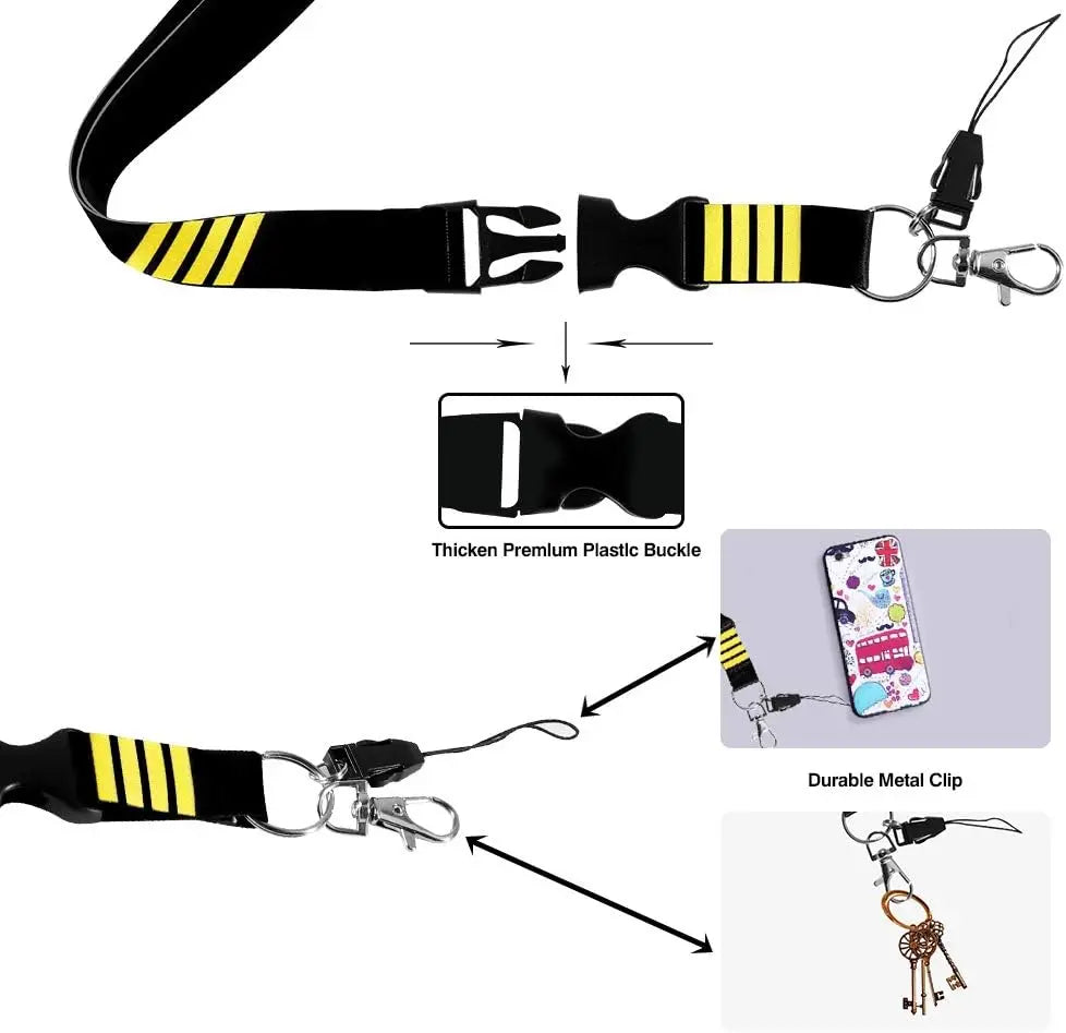 Pilot Lanyard 4 Stripes for Keys | Detachable Safety Buckle Traveler Keychain and Baggage Tag Set