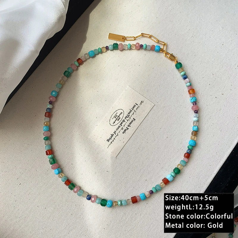 Imitate Colorful Natural Stone Beaded Necklace | Women's Sweet Fashion Jewelry Set with Pendant