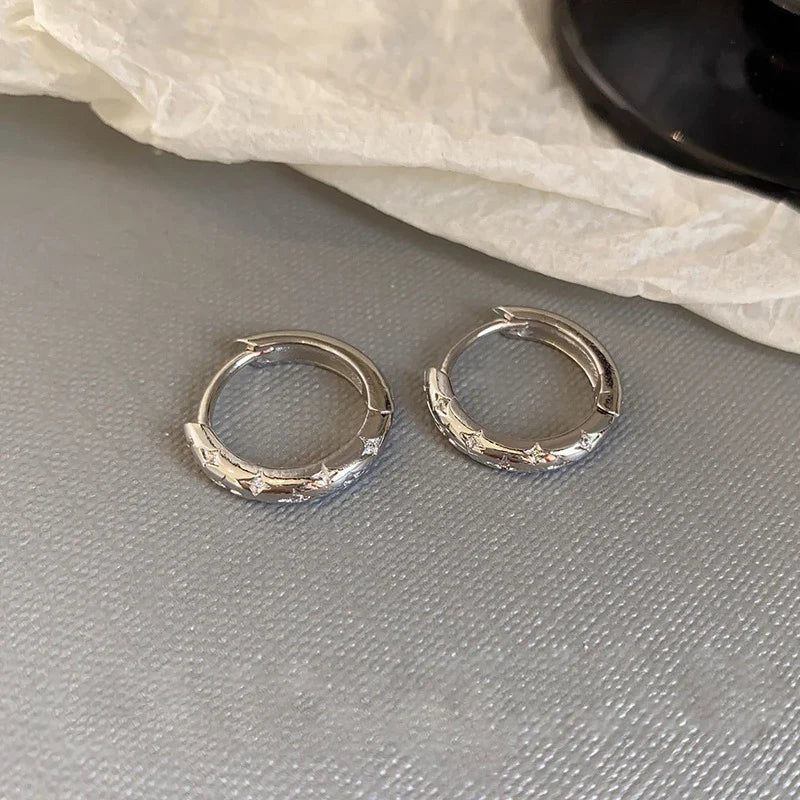 Metal Four Star Hoop Earrings for Women | Simple Zircon Geometric Circle Earrings