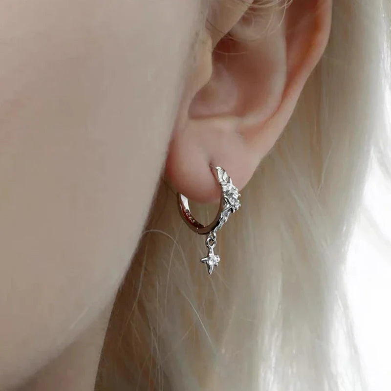 Metal Four Star Hoop Earrings for Women | Simple Zircon Geometric Circle Earrings