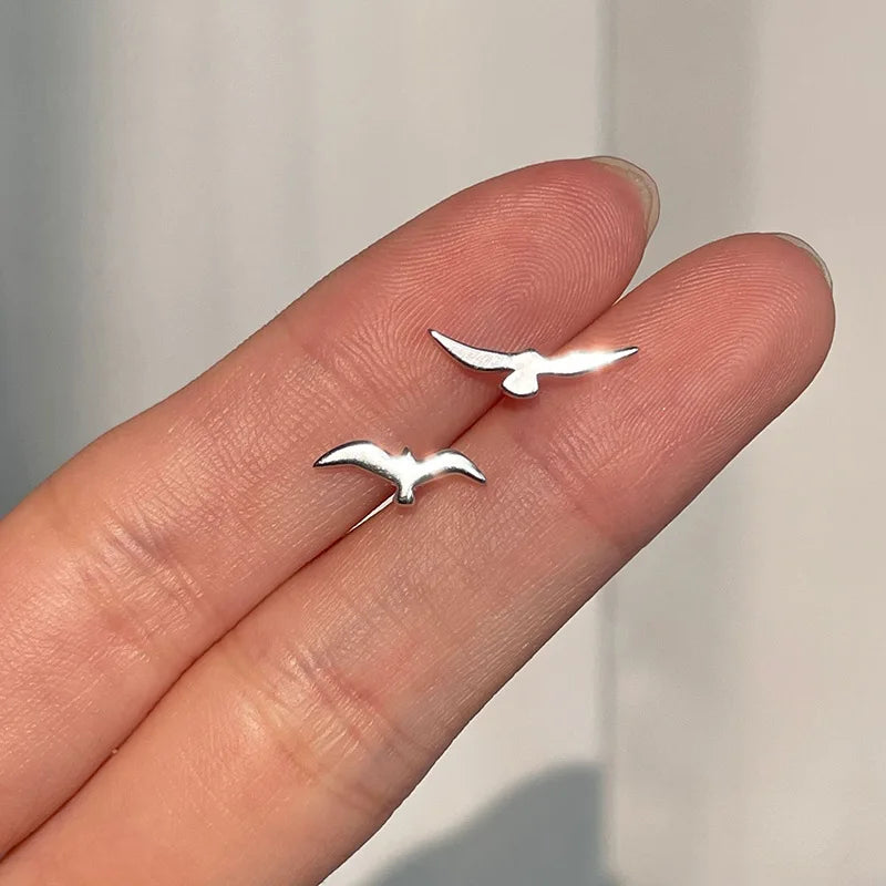 Asymmetrical Small Seagull Earrings | Delicate Stylish 925 Silver Bird Jewelry