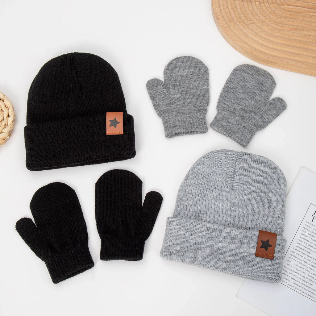 Baby Knitted Hat and Glove Set | Solid Winter Turban with Leather Star Tag