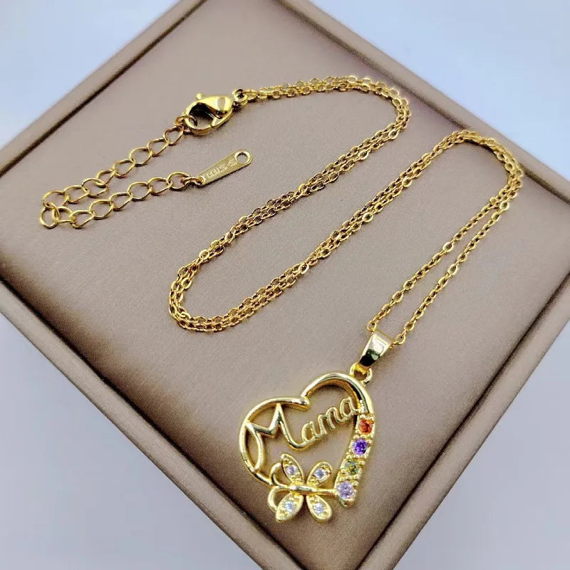 Mama Heart Pendant Necklace | Stainless Steel Crystal Choker for Women