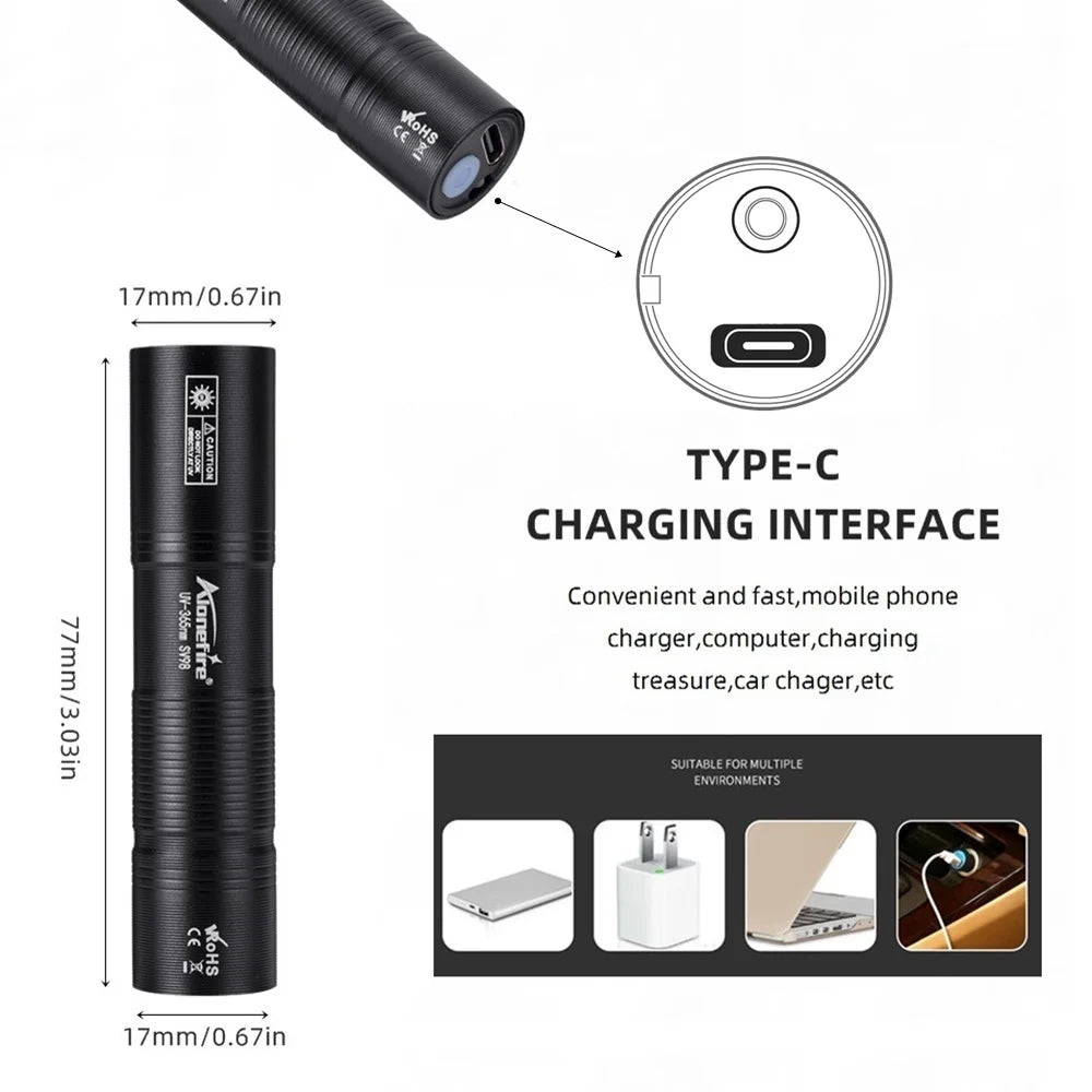 Mini 365nm UV Flashlight USB Rechargeable | Ultraviolet Nail Lamp Torch for Pet Urine, Scorpion, and Fluorescent Detection