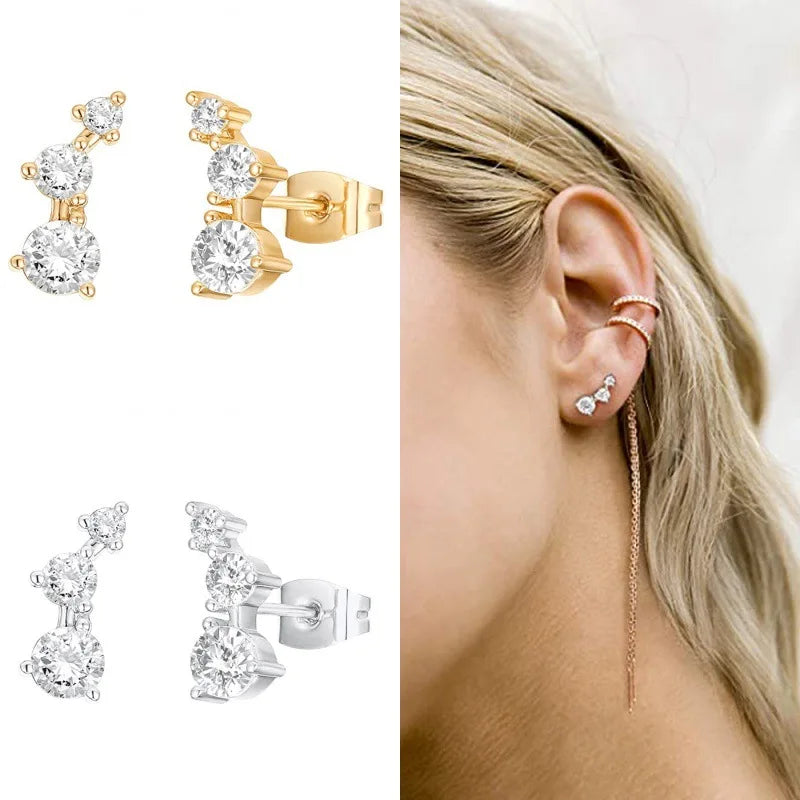 3Pcs Double Crystal Tragus Earring Floral Set | Cartilage Helix Stud Earrings Bulk Lobe Hoop Earring Lot Women Fashion Jewelry Gift