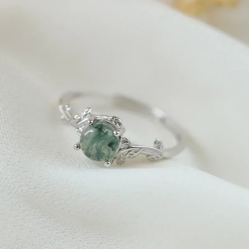S925 Sterling Silver Green Moss Agate Ring | Classic Women's Wedding Band