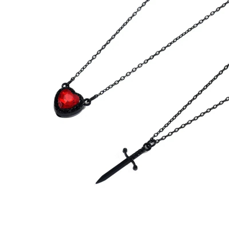 Gothic Sword and Heart Pendant Necklace Set | 2-Piece Gothic Jewelry for Halloween