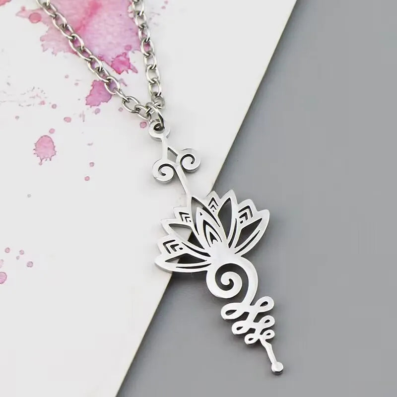 Stainless Steel Unalome Pendant Necklace | Yoga Jewelry with Lotus Flower