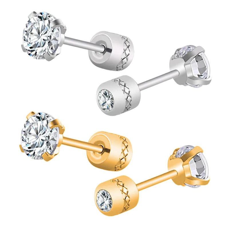 2 Piece Medical Stainless Steel Crystal Zircon Ear Studs | Hypoallergenic Tragus Cartilage Screw Piercing Jewelry