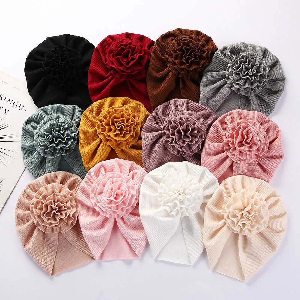 Big Blossom Flower Ribbed Turban Baby Hat | Soft Cotton Topknot Bonnet for Newborns and Toddlers