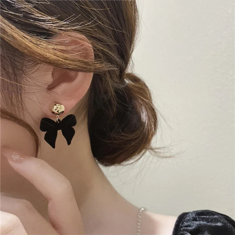 Vintage Black Flocking Bowknot Earrings | Geometric Drop Earrings for Women