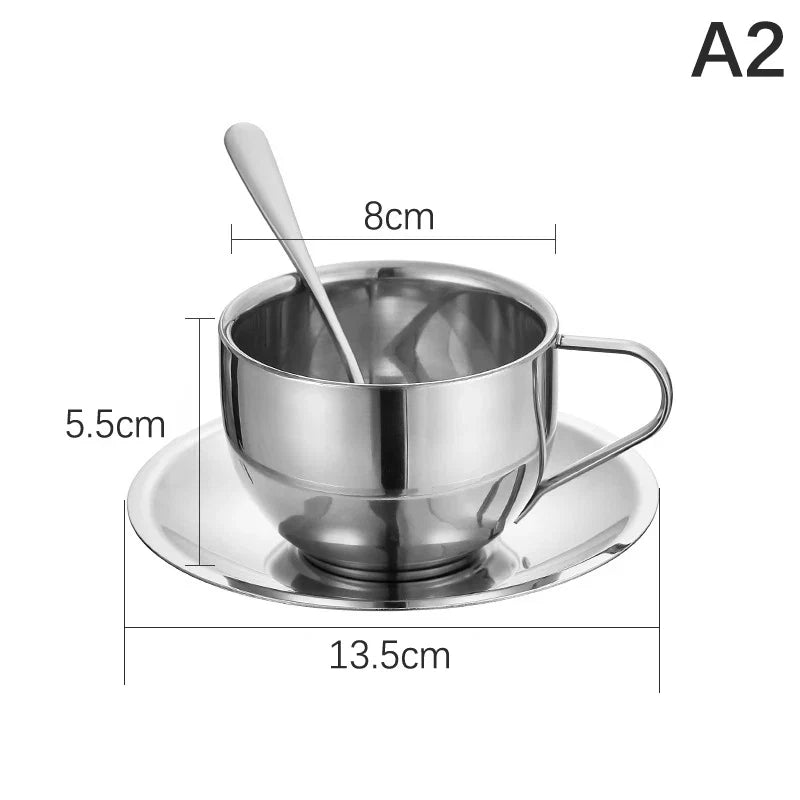 Double Wall Stainless Steel Coffee Cup Set | 180ml/200ml Hot Drink Set with Saucer and Spoon