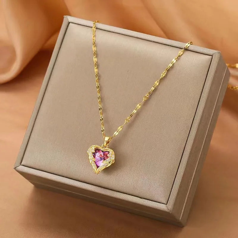 Stainless Steel Crystal Heart Pendant Necklace | Ocean Blue Water-Wave Chain for Women