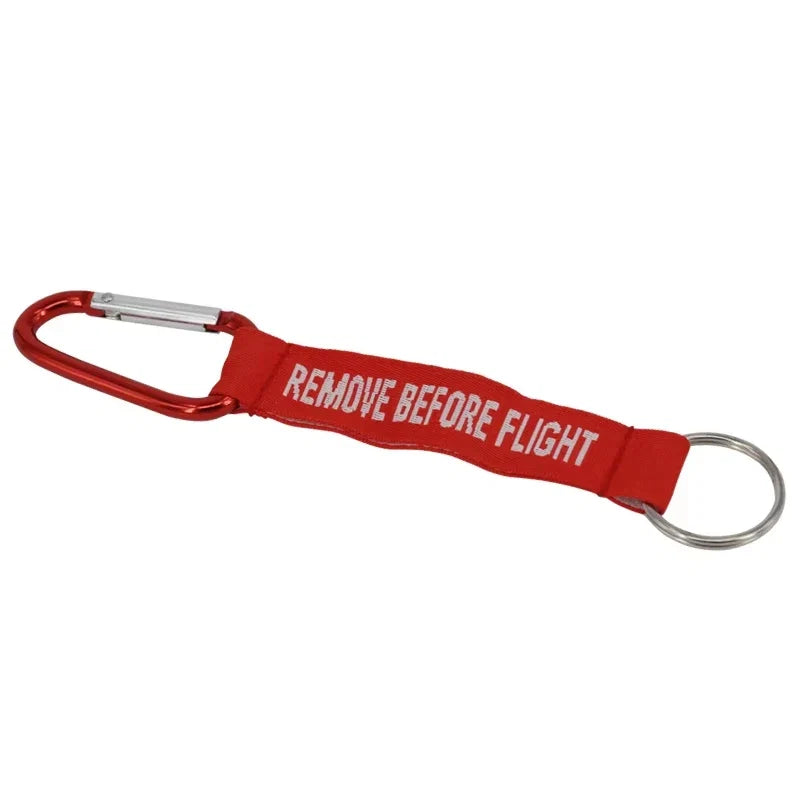 Remove Before Flight Keychain | Red Aviation Tag with Woven Lettering