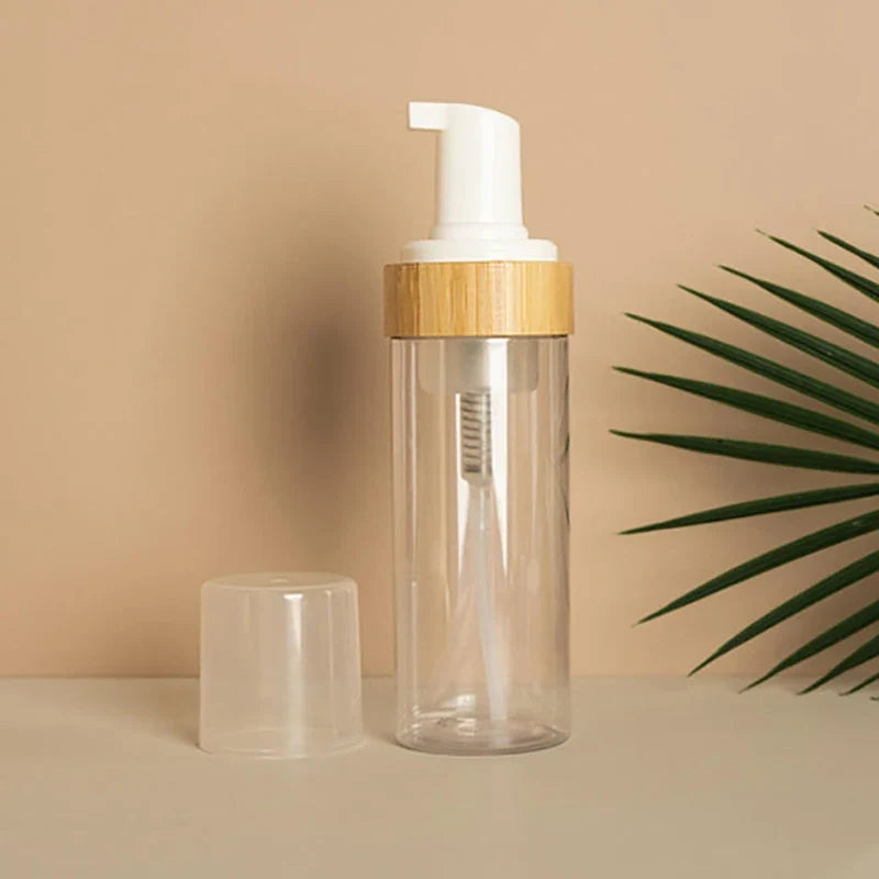 150ml Refillable Bamboo Foam Pump Bottle | Travel Size Empty Dispenser for Face Cleaner and Shampoo