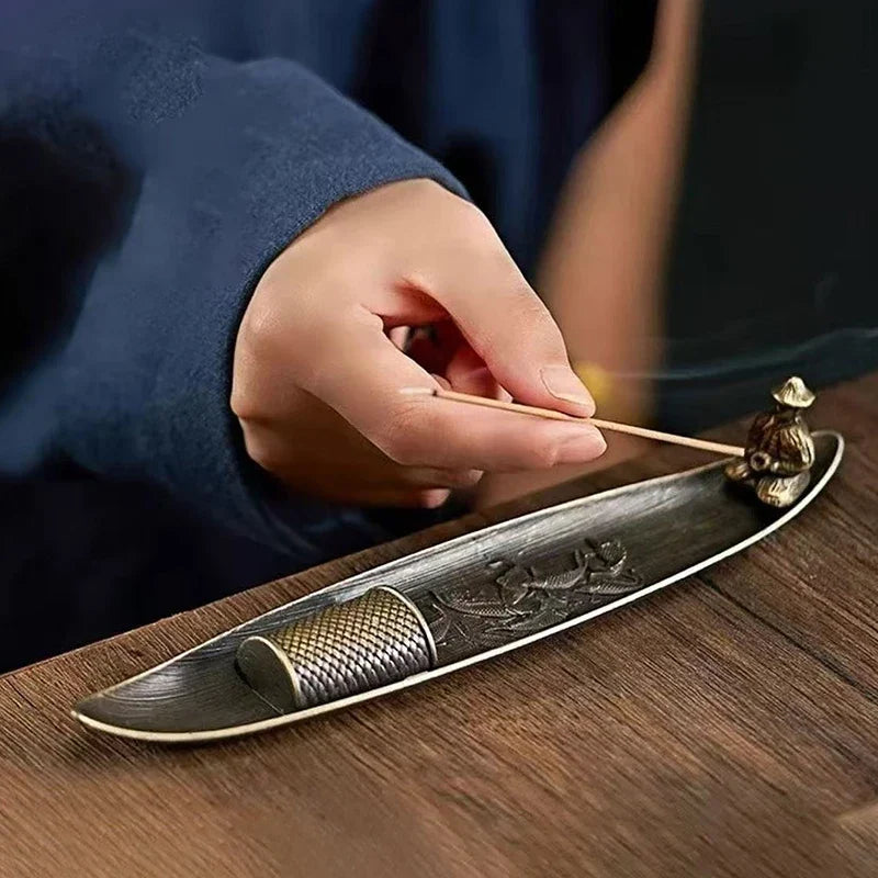 Fishing Old Man Boat Incense Burner | Metal Sandalwood Incense Holder for Home