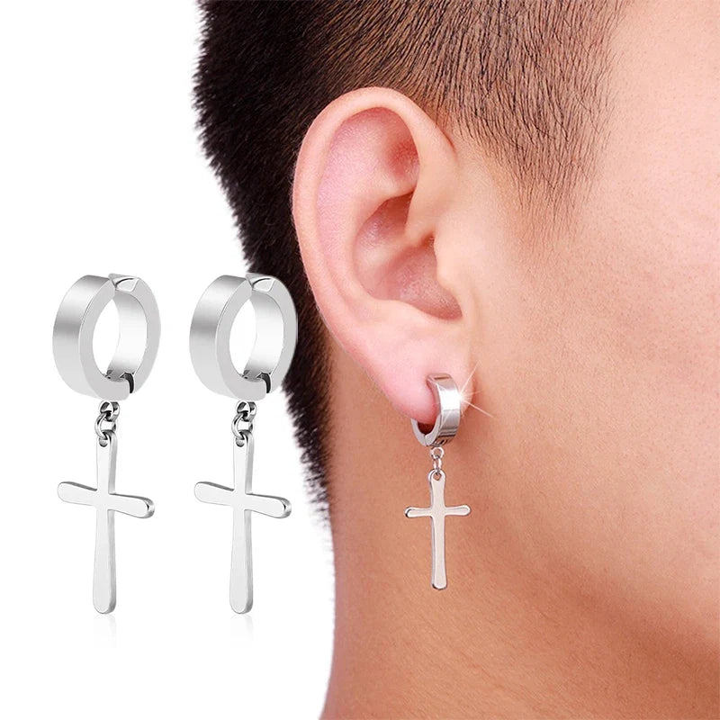 Punk Cross Stars Clip On Earrings | No Piercing Stainless Steel Ear Cuffs for Women Men