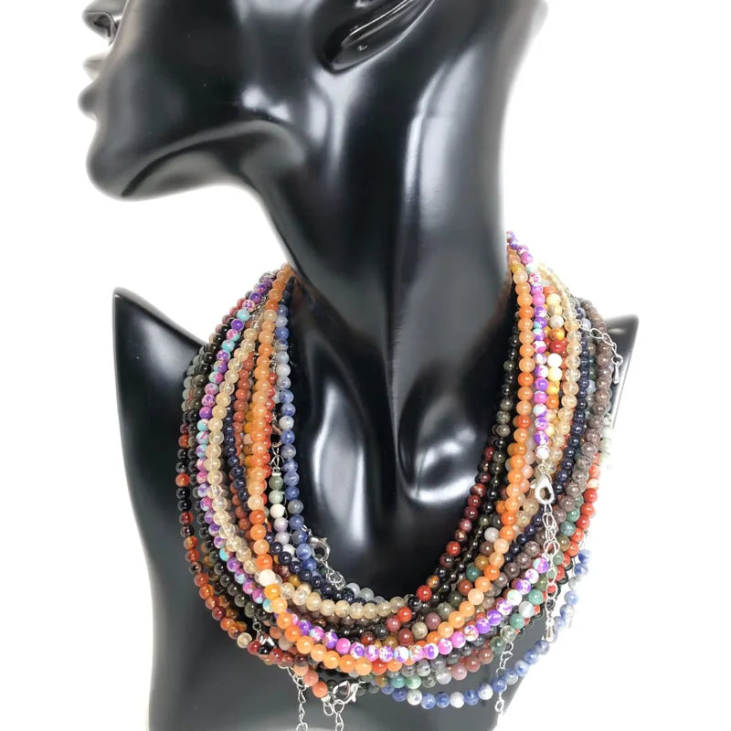 Natural Stone Bead Adjustable Necklace | Agate Opal Tigers Eye Quartz Crystal Jewelry