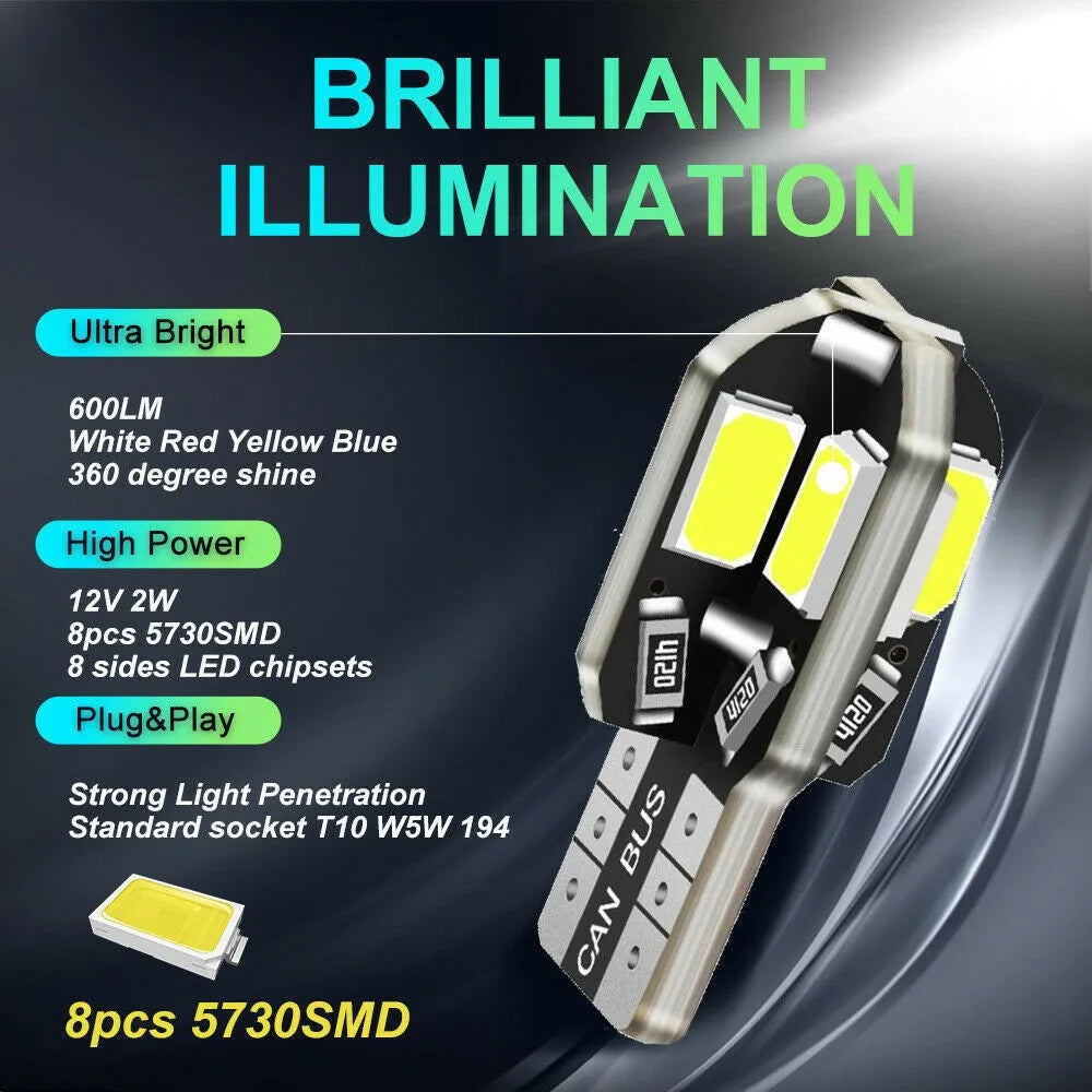 10PCS W5W T10 5730 LED Bulbs Canbus 12V | Car Interior Dome Map Light Parking Signal Lamp