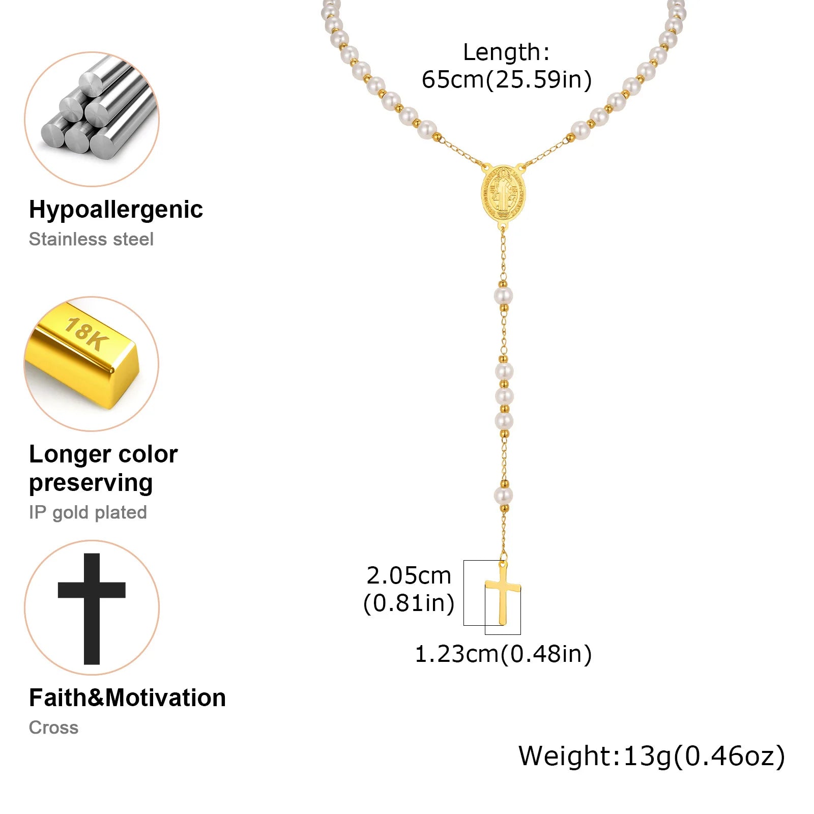 Vnox Pearl Rosary Beaded Necklace | Virgin Mary Religious Cross Jewelry for Women