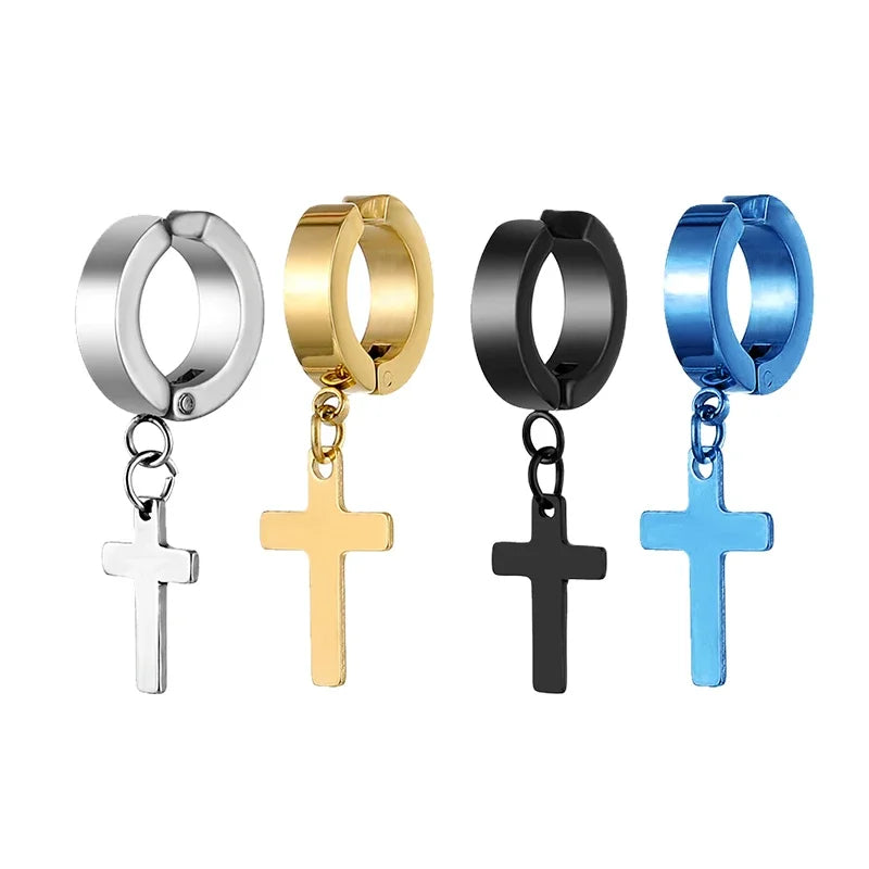 Stainless Steel Clip On Cross Earrings | Non Piercing Gothic Punk Jewelry for Men Women