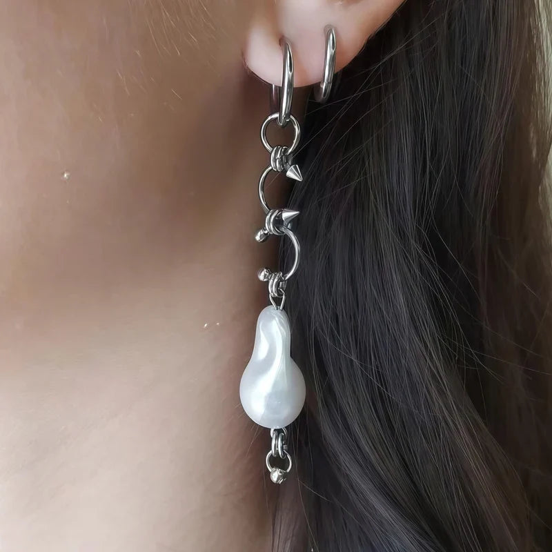 Korean Fashion Irregular Pearl Rivet Earrings | Punk Charm Aesthetic Geometric Earrings
