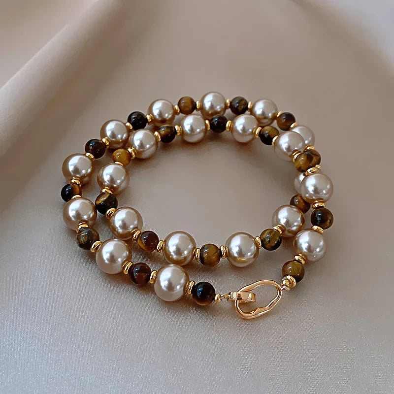 Warm Tiger's Eye Pearl Bead Necklace | Classic Sweater Chain Jewelry