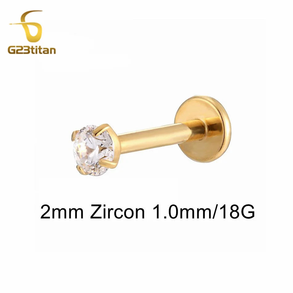 16G 18G Titanium Labret Stud Nose Ring | Zircon Internally Threaded Body Jewelry for Tragus and Helix